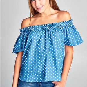 Kelly off the shoulder Polkadot top
